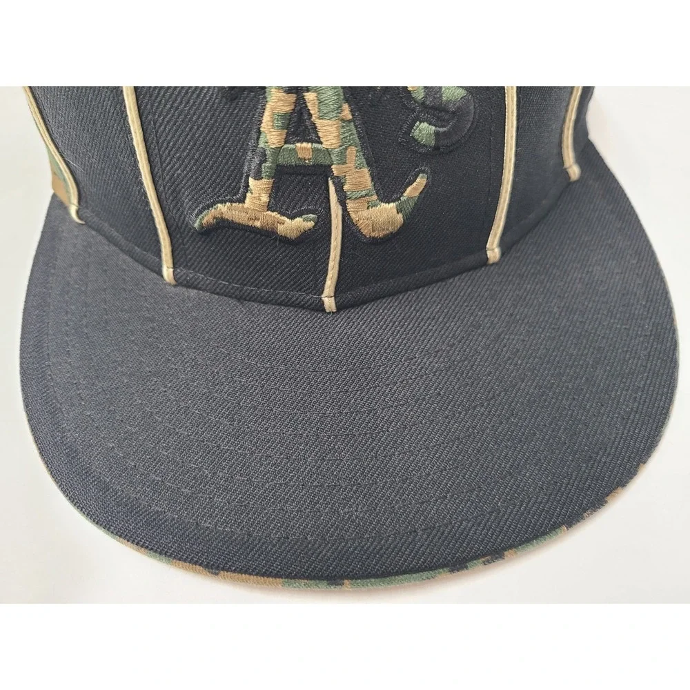 New Era Black Hat with Camo A's Logo and Cream Piping